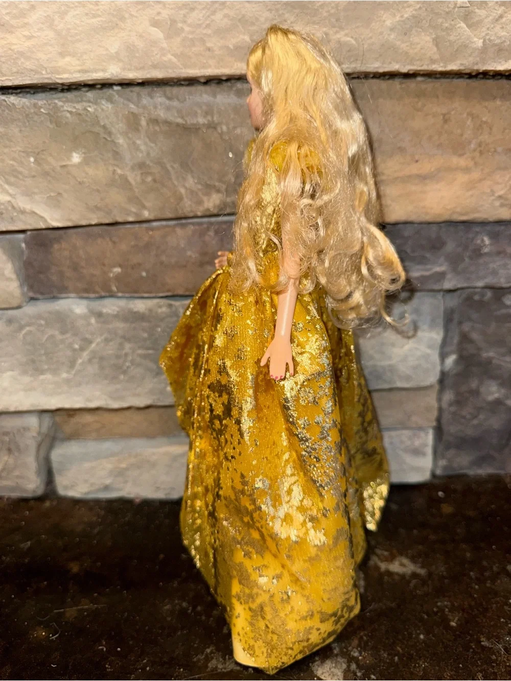 Barbie fashion blonde hair doll in formal gold ball gown